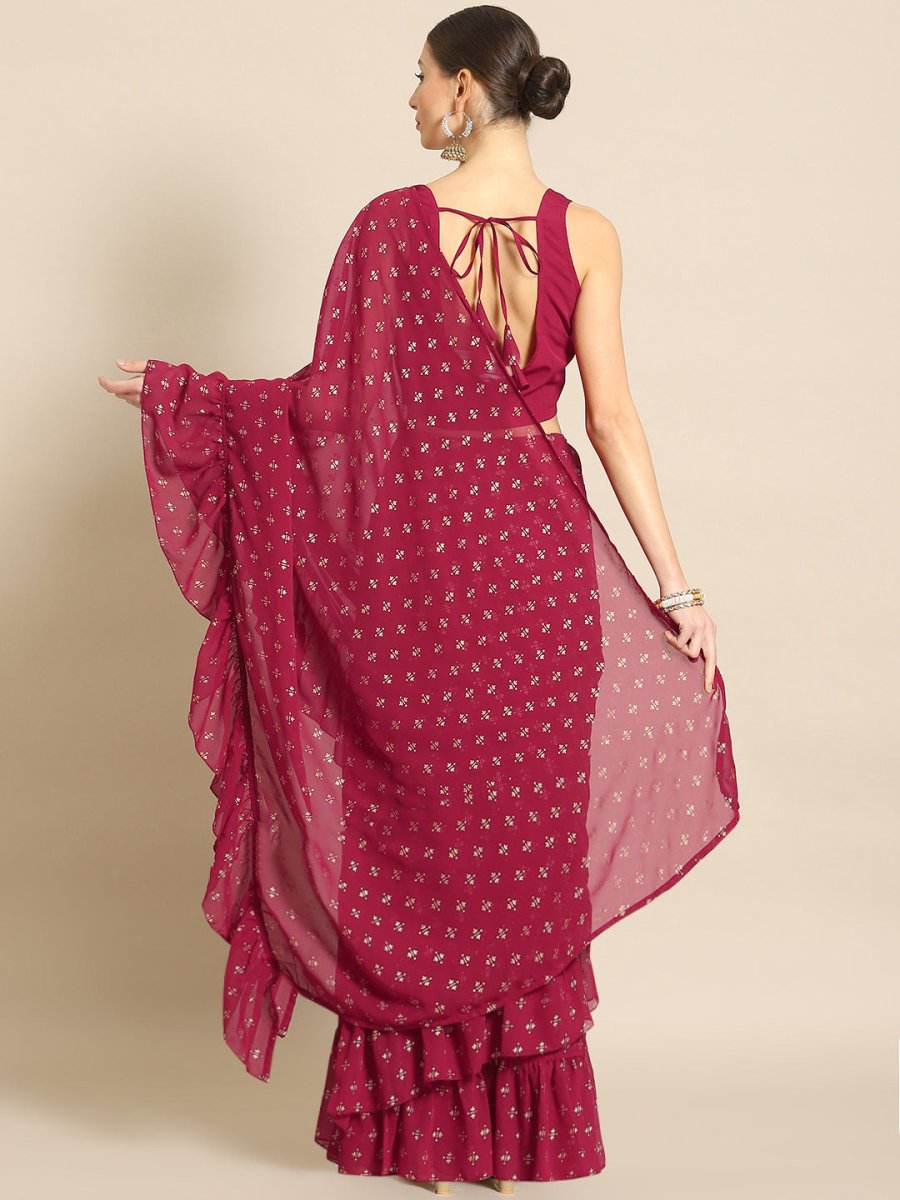 Ahalyaa Printed Ready To Wear Ruffles Saree | Grocsy