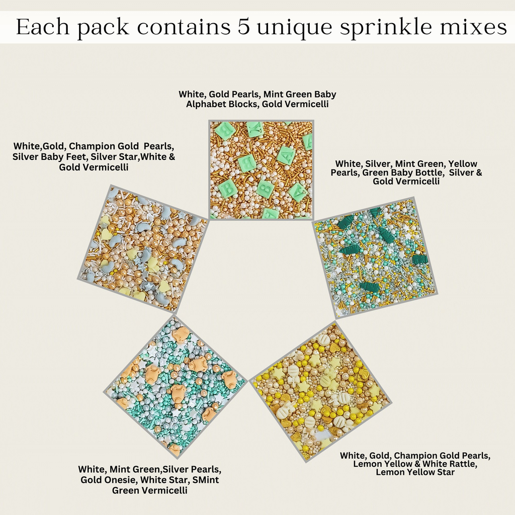 Confect Baby Shower Sprinkles | Mix Gold, Silver, Mint Green & Pearl Dragees Pack of 5 (BABY SHOWER -01) | Grocsy