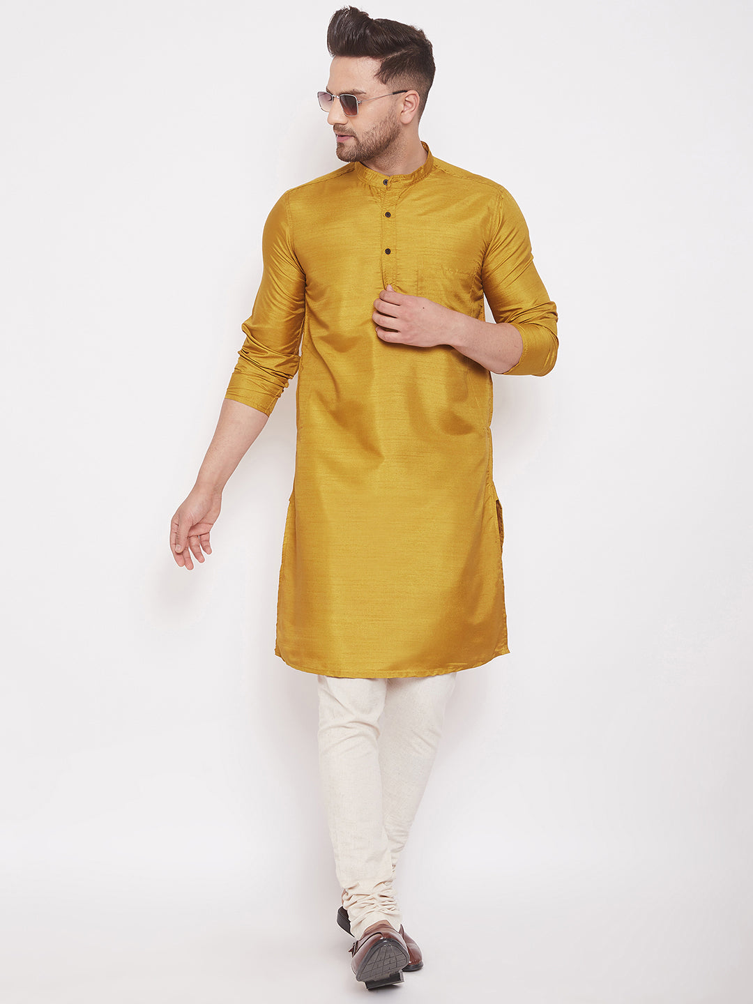 Even Apparels Mustard Yellow Pure Cotton Kurta With Band Collar | Grocsy