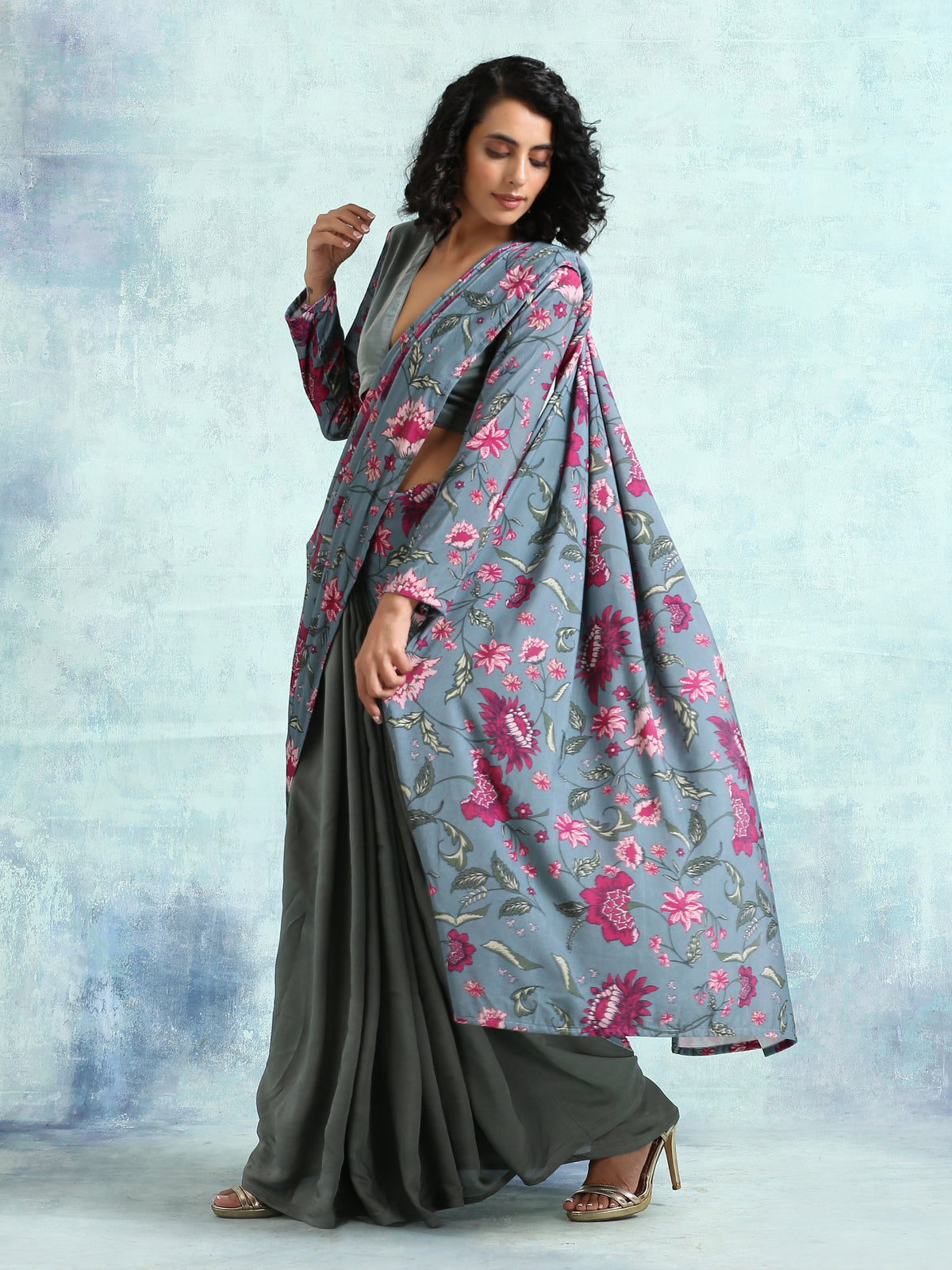 trueBrowns Grey Printed Velvet Ready to Wear Saree | Grocsy