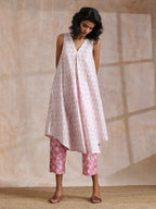 trueBrowns Pink Green Floral On White Block Print Cotton Sleeveless Flared Kurta Pant Set | Grocsy