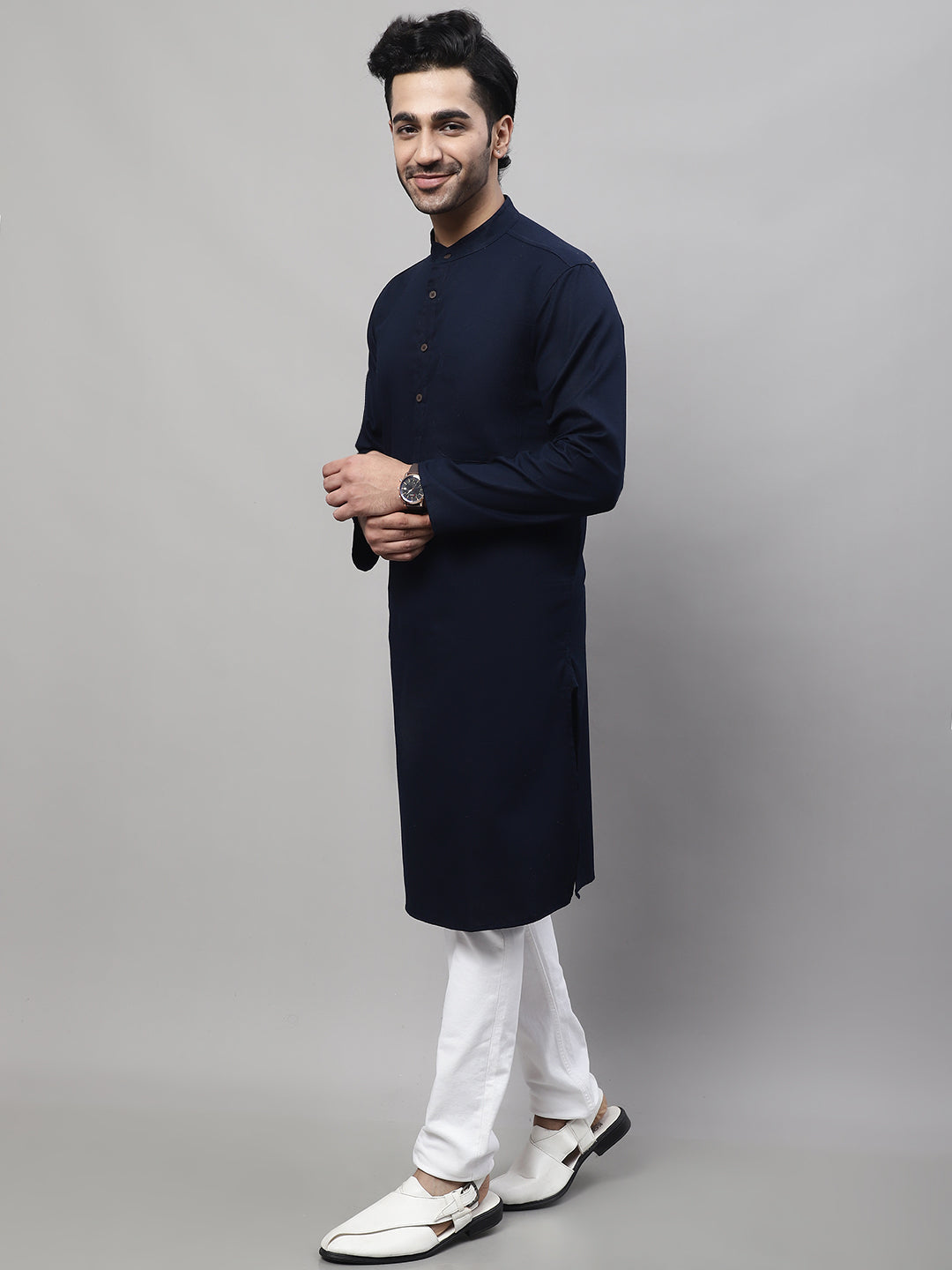 Even Apparels Blue Pure Cotton Kurta With Band Collar | Grocsy