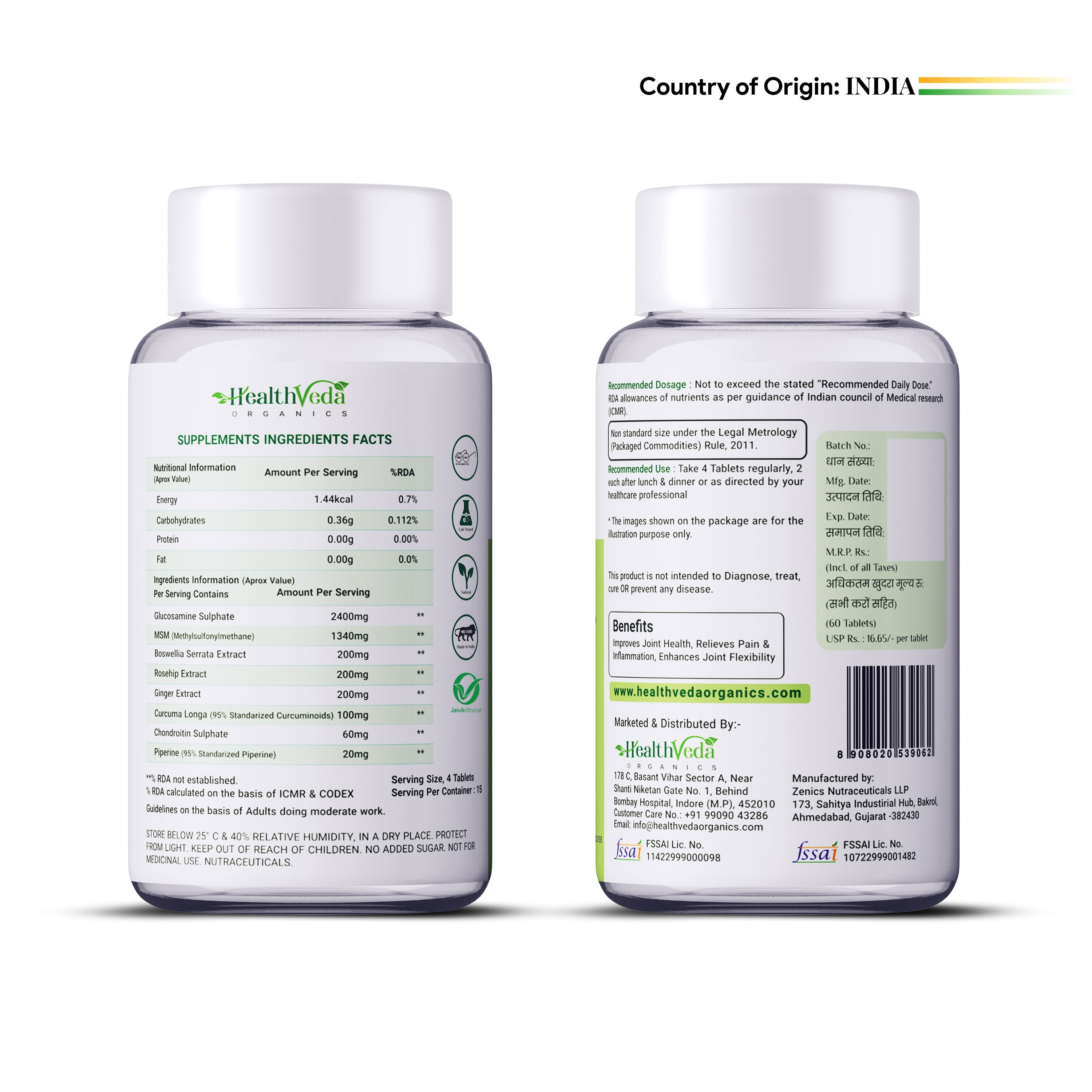 Health Veda Organics Plant Based Glucosamine Chondroitin & MSM Tablets | Grocsy
