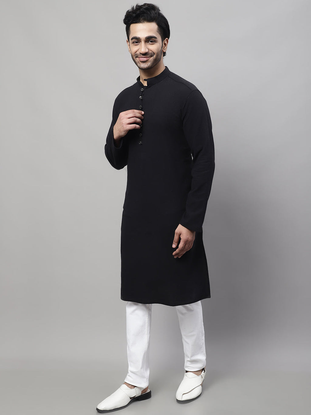 Even Apparels Black Pure Cotton Kurta With Band Collar | Grocsy
