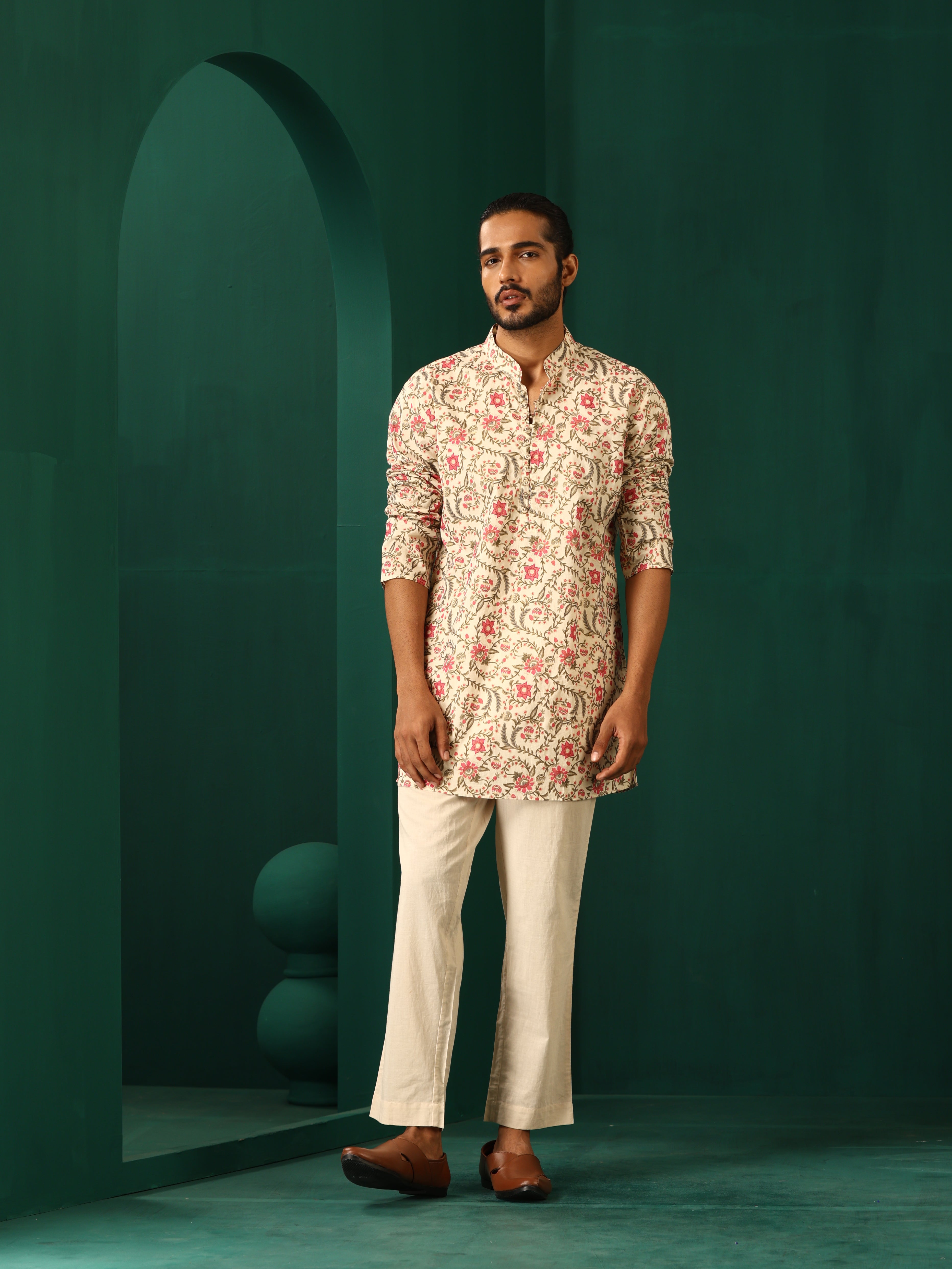 trueBrowns Men's Pink Floral Cotton Printed Co-ord Set | Grocsy