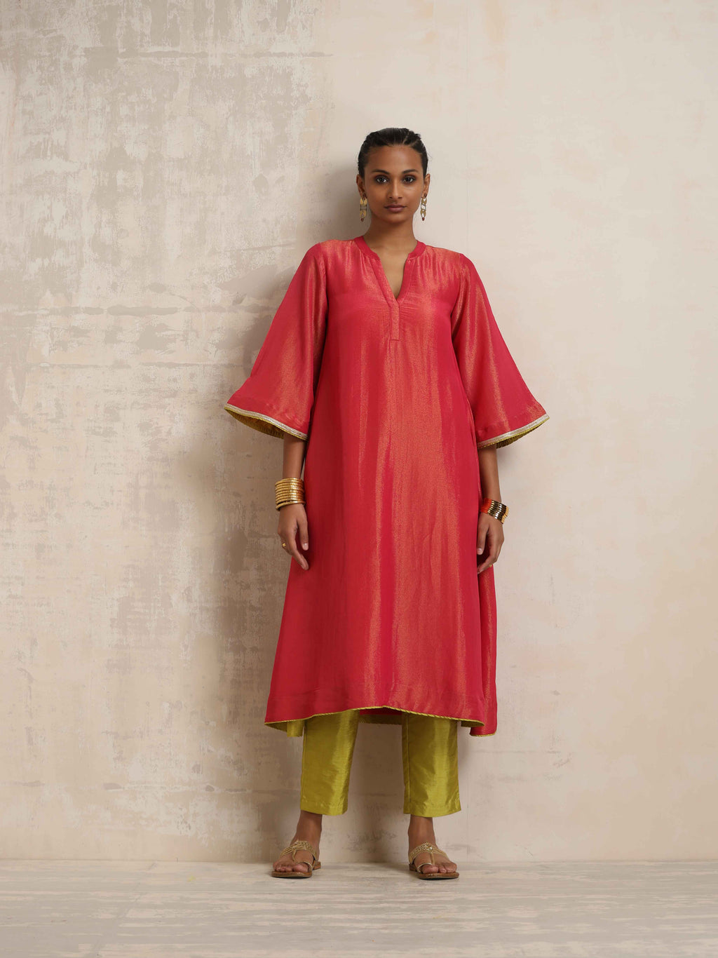 trueBrowns Hot Pink Tissue Flared Kurta Set | Grocsy