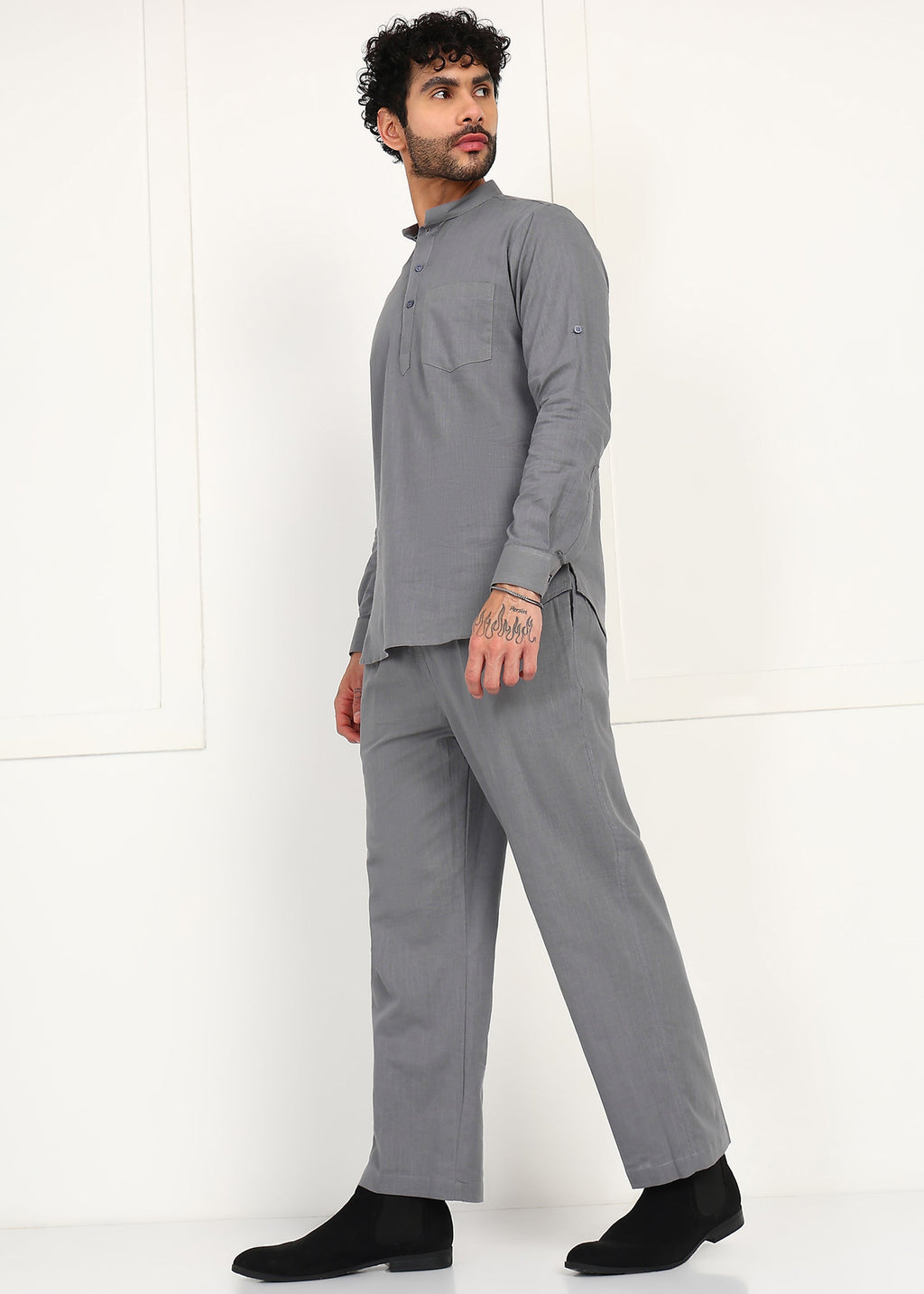 Fabmade Slate Grey Linen Short Kurta Co-Ord Set | Grocsy