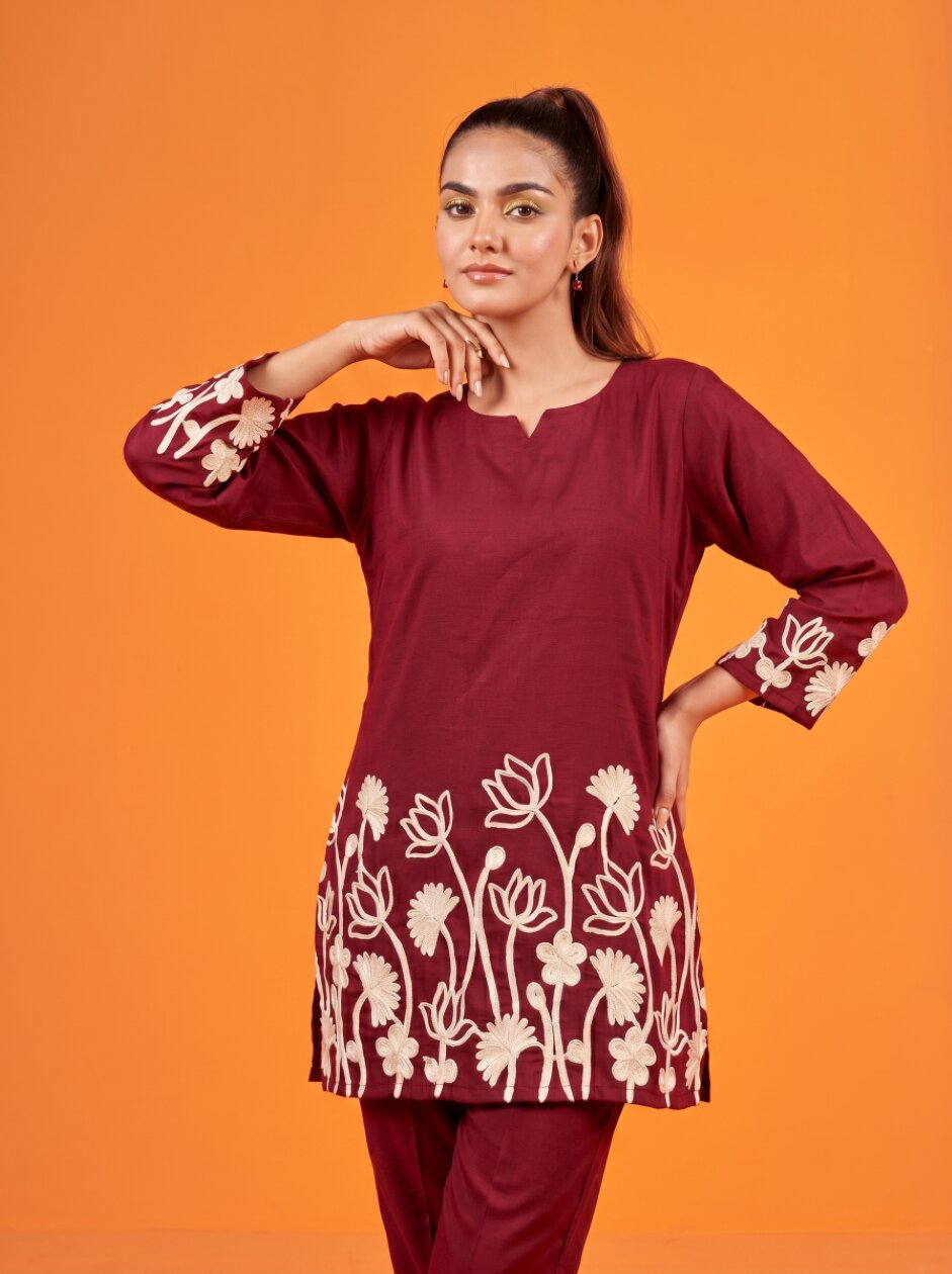Anaita Maroon Stylish Readymade Co-Ords Set | Grocsy