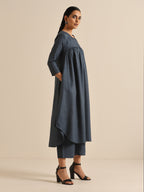 trueBrowns Light Blue Slub Gathered Kurta Pant Set | Grocsy