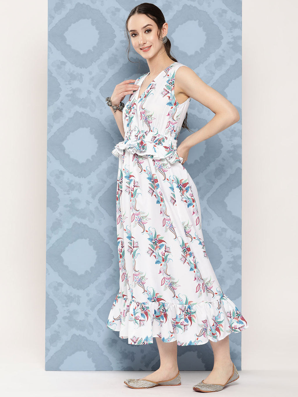 InWeave Women's White Floral Paisley Print Long Frill Dress | Grocsy