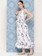InWeave Women's White Floral Paisley Print Long Frill Dress | Grocsy