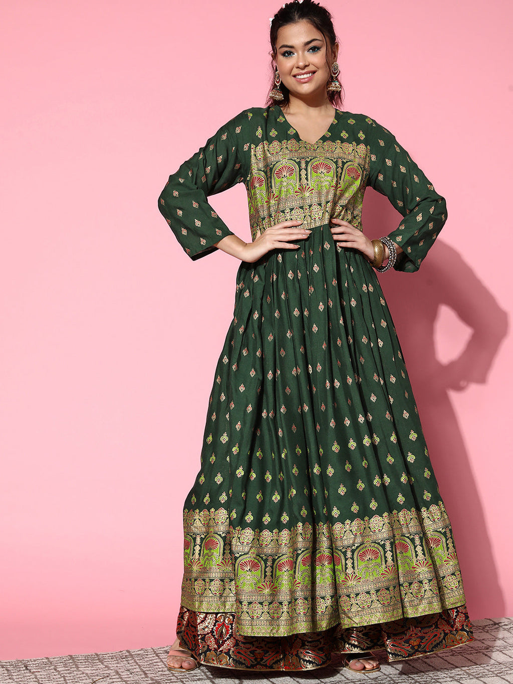 InWeave Women's Bottle Green Gold Border Anarkali Kurta | Grocsy