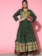 InWeave Women's Bottle Green Gold Border Anarkali Kurta | Grocsy