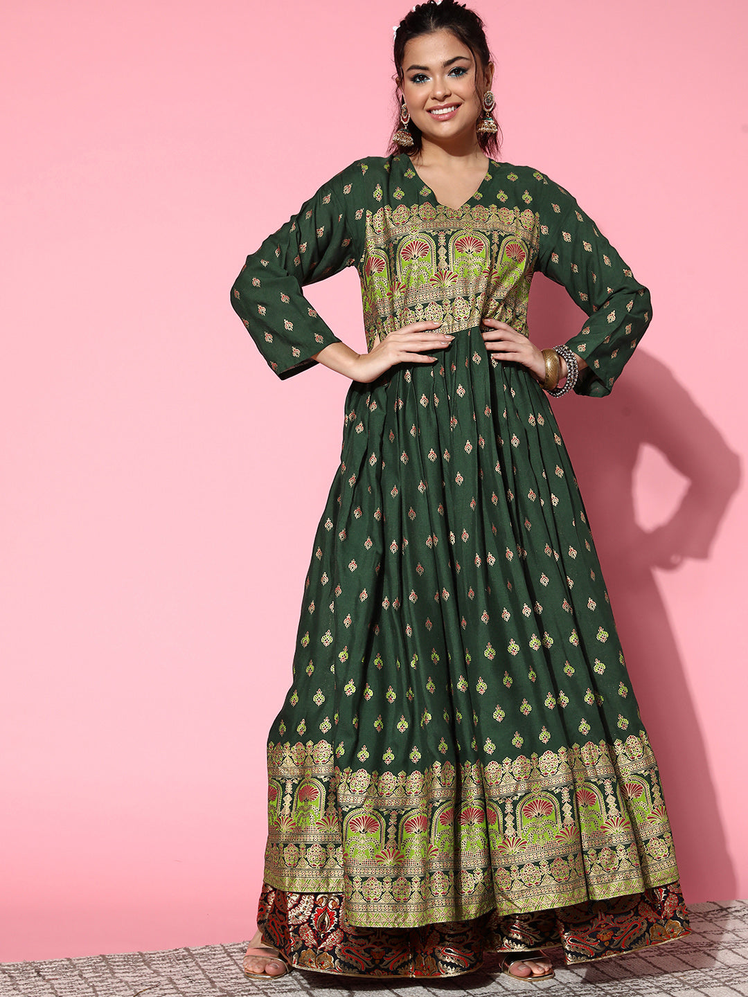 InWeave Women's Bottle Green Gold Border Anarkali Kurta | Grocsy