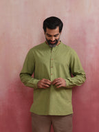 trueBrowns Men's Pista Green Cotton Mandarin Collar Stylized Kurta | Grocsy