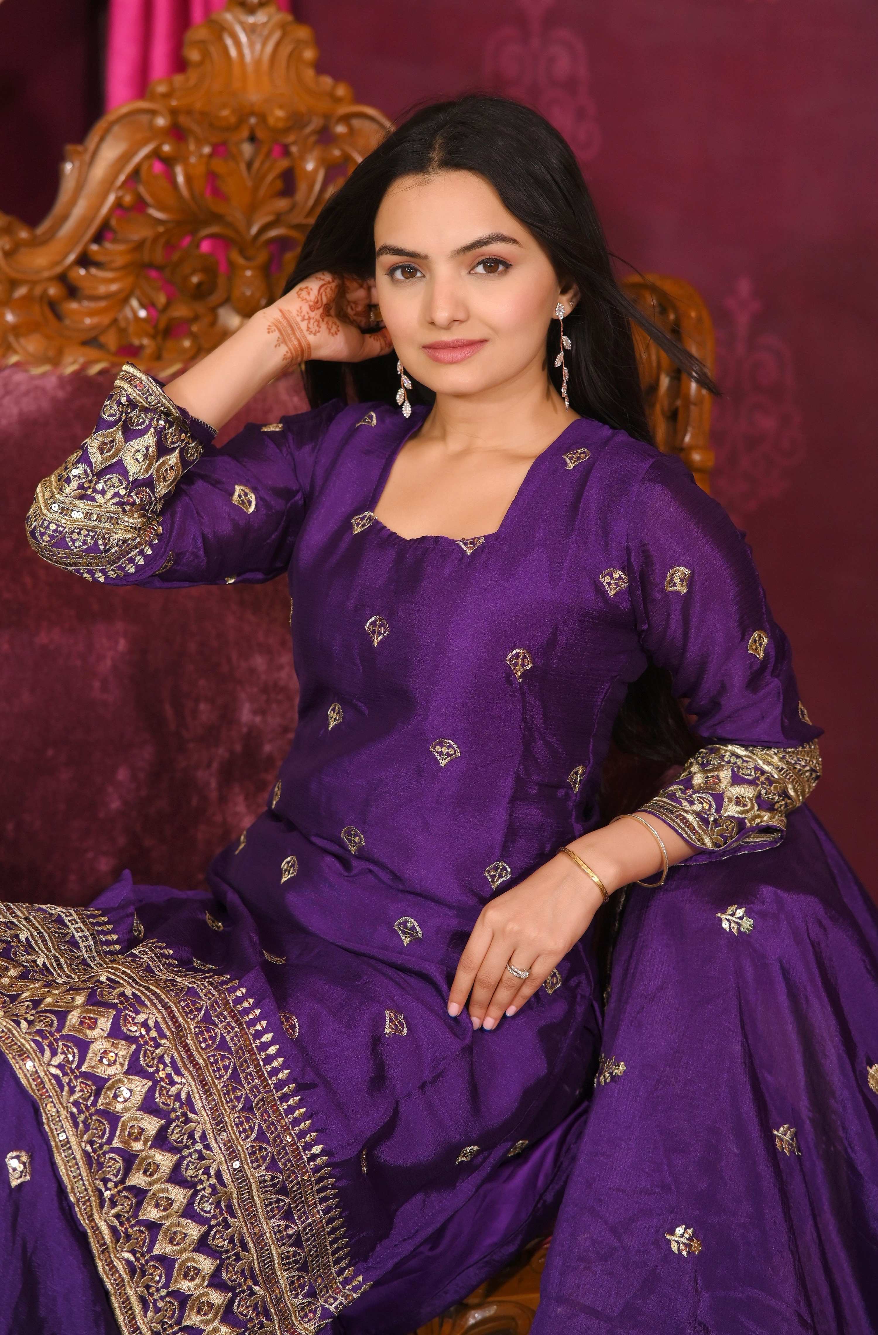 Teeya Creation Purple Color Chinon Silk Heavy Embroidery Work Fully Stitched Salwar Suit | Grocsy