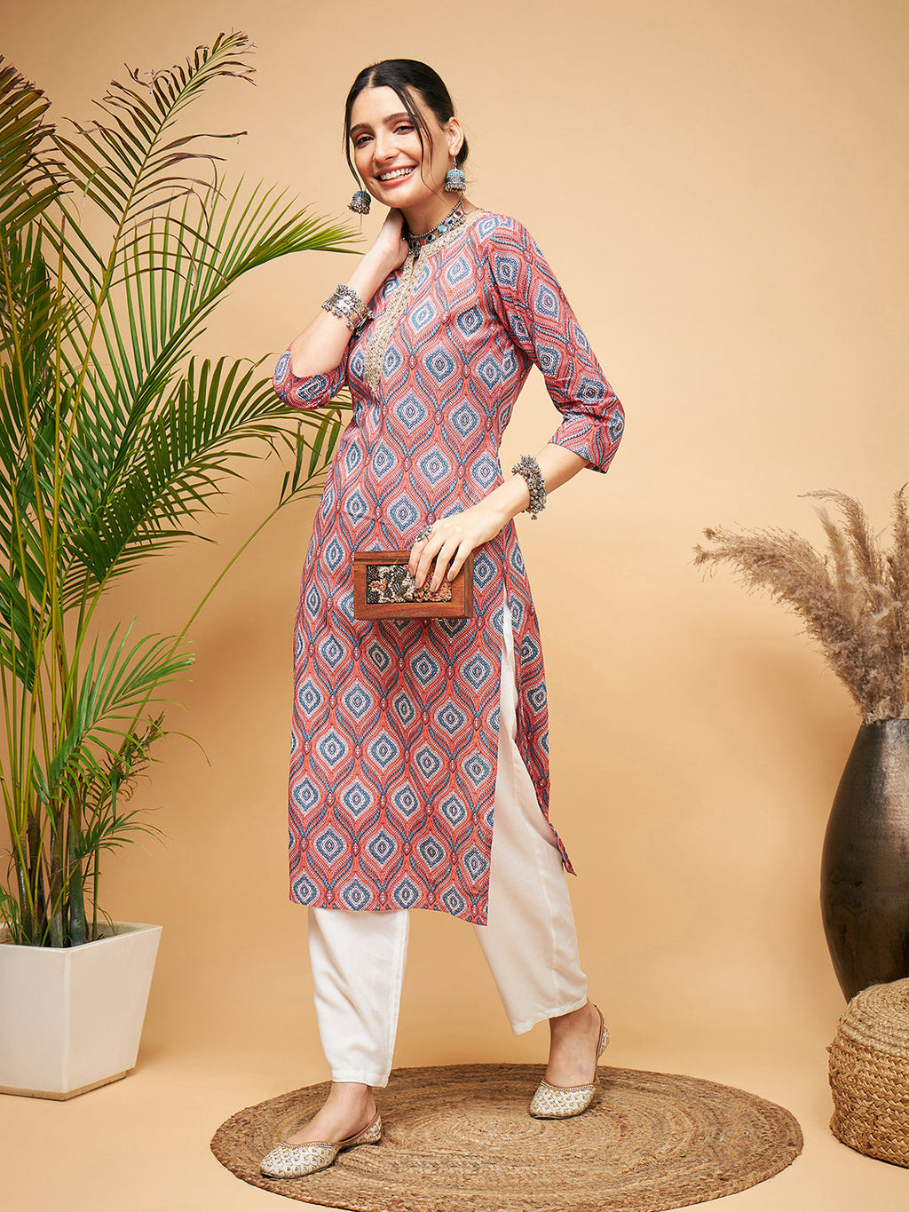 InWeave Women's Red Blue Ogee Print Gota Straight Kurta | Grocsy