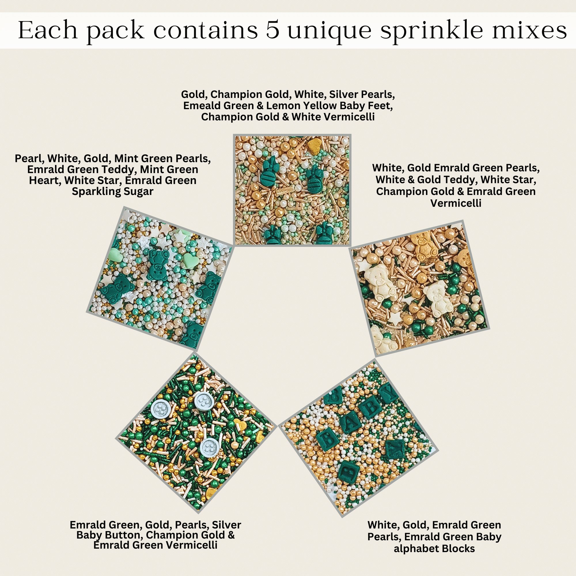 Confect Baby Shower Sprinkles | Gender Reveal Sprinkles | Gold, Silver, Mint Green & Pearl Dragees Pack of 5 (BABY SHOWER -09) | Grocsy