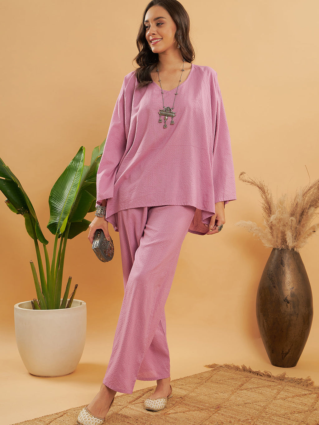 InWeave Women's Mauve Kantha Boho Full Sleeve Coord Set | Grocsy