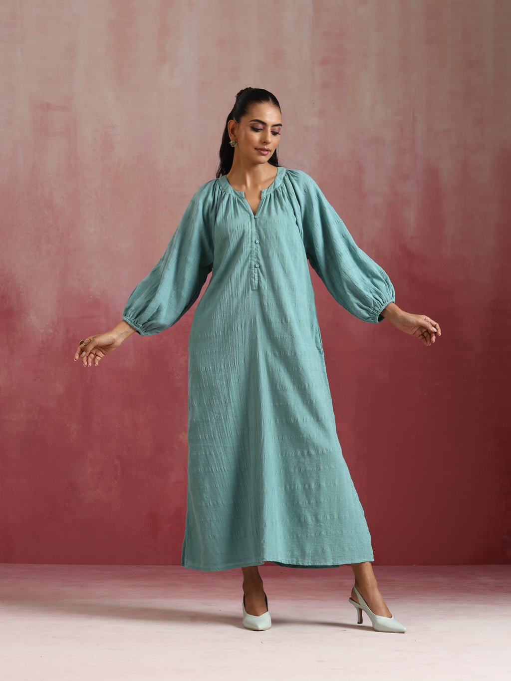 trueBrowns Aqua Blue Cotton Dobby Dress | Grocsy