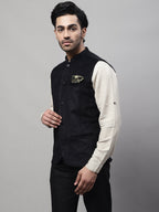 Even Apparels Men's Black Nehru Jacket With Welt Pockets | Grocsy