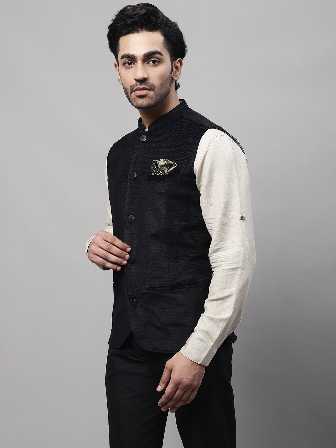 Even Apparels Men's Black Nehru Jacket With Welt Pockets | Grocsy