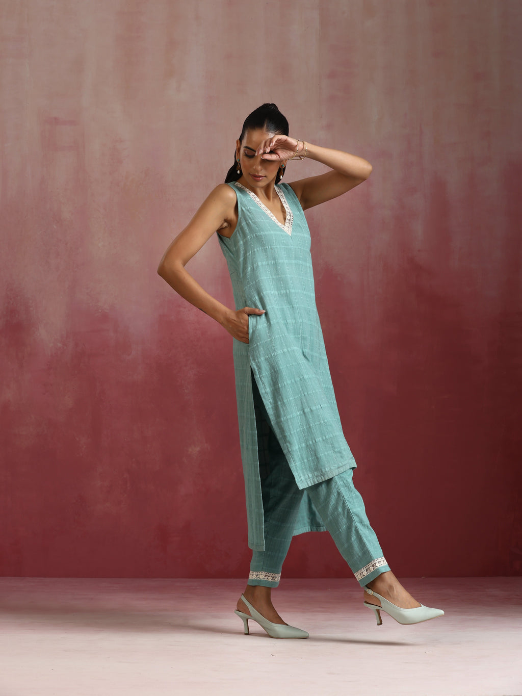 trueBrowns Aqua Blue Cotton Dobby High low Kurta Set | Grocsy