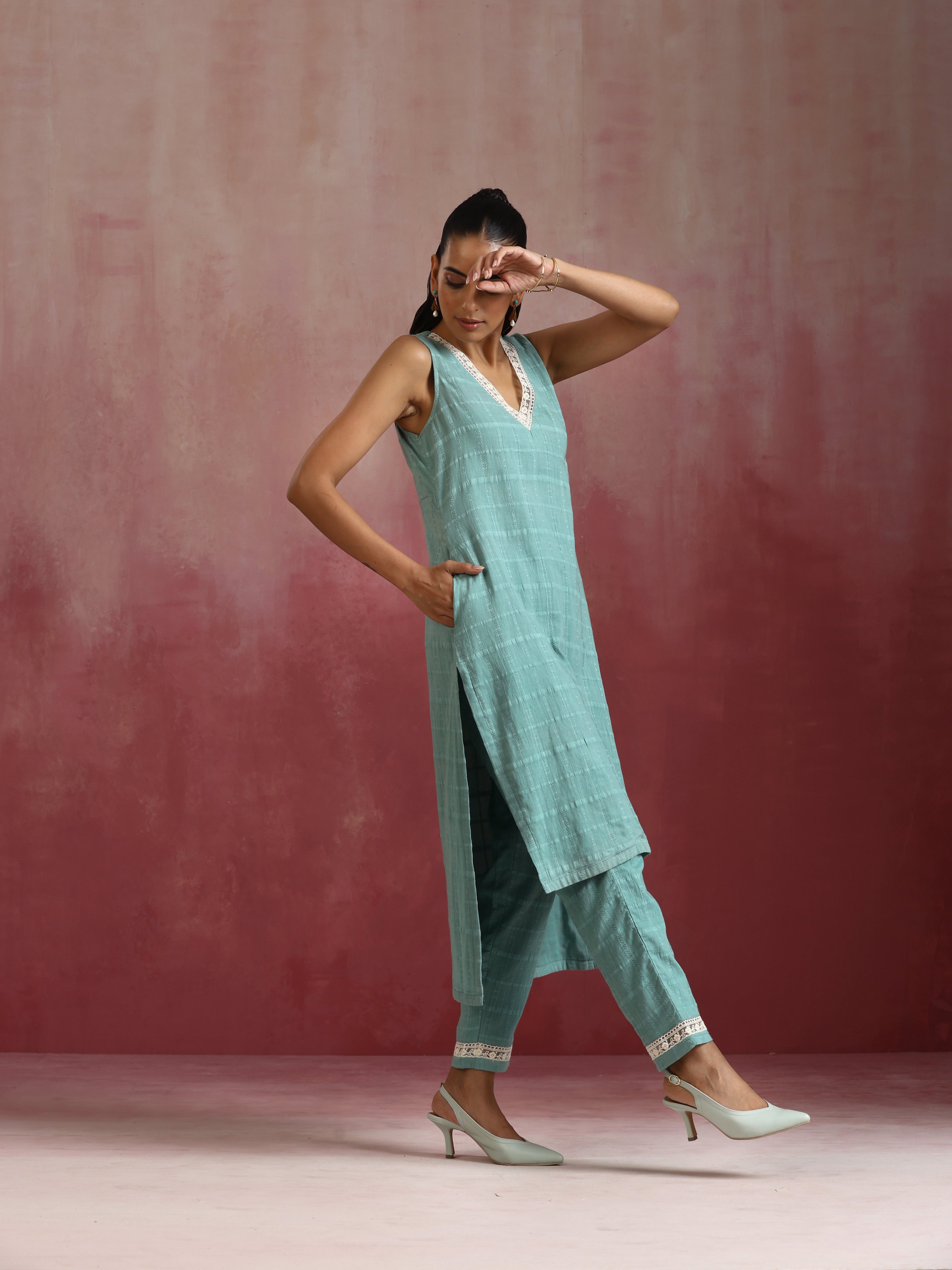 trueBrowns Aqua Blue Cotton Dobby High low Kurta Set | Grocsy