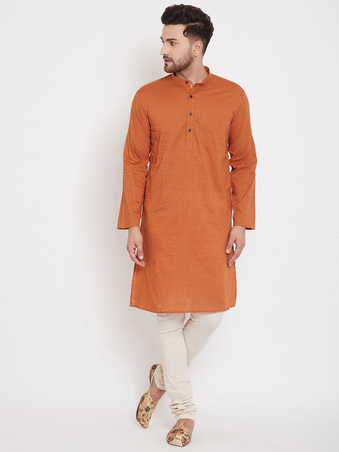 Even Apparels Orange Pure Cotton Kurta With Band Collar | Grocsy