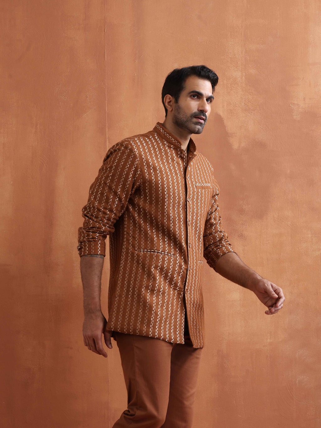 trueBrowns Men's Brown Cotton Dobby Long Jacket | Grocsy