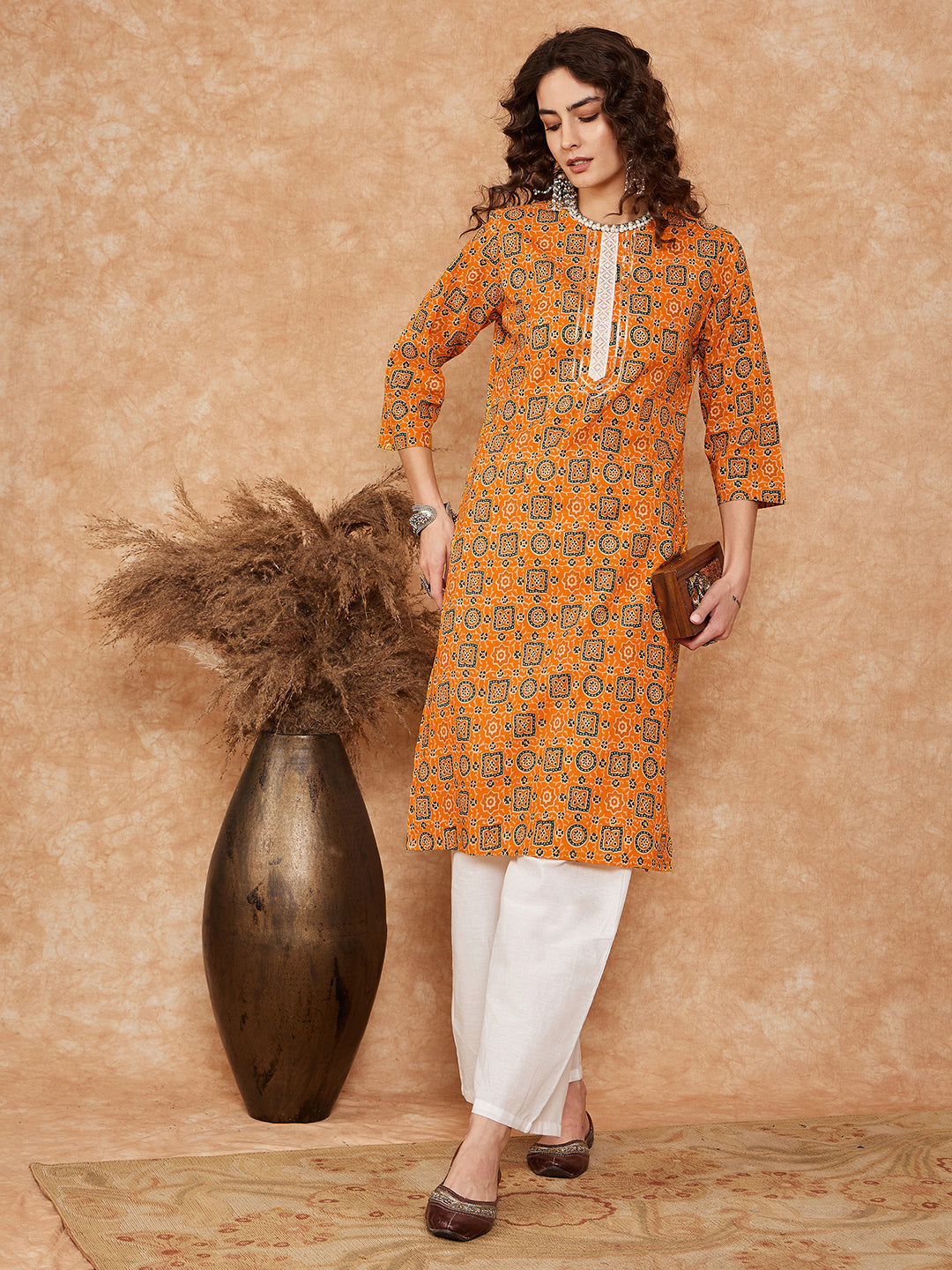 InWeave Women's Mustard Ethnic Print Lace Gota Work Straight Kurta | Grocsy