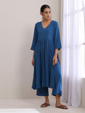 trueBrowns Classic Blue Dobby High Slit Gathered Kurta Set | Grocsy