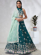 House of Panchhi Green Pure Georgette Sequins And Thread Embroidery Lehenga Choli & Dupatta | Grocsy
