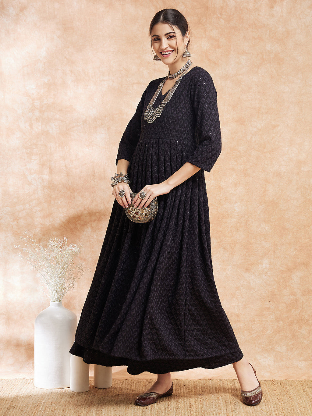 InWeave Women's Black Chikankari Long Anarkali Kurta Sharara Set | Grocsy