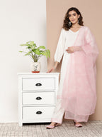 InWeave Women's Cream Straight Kurta Set W Pink White Print Organza Dupatta | Grocsy