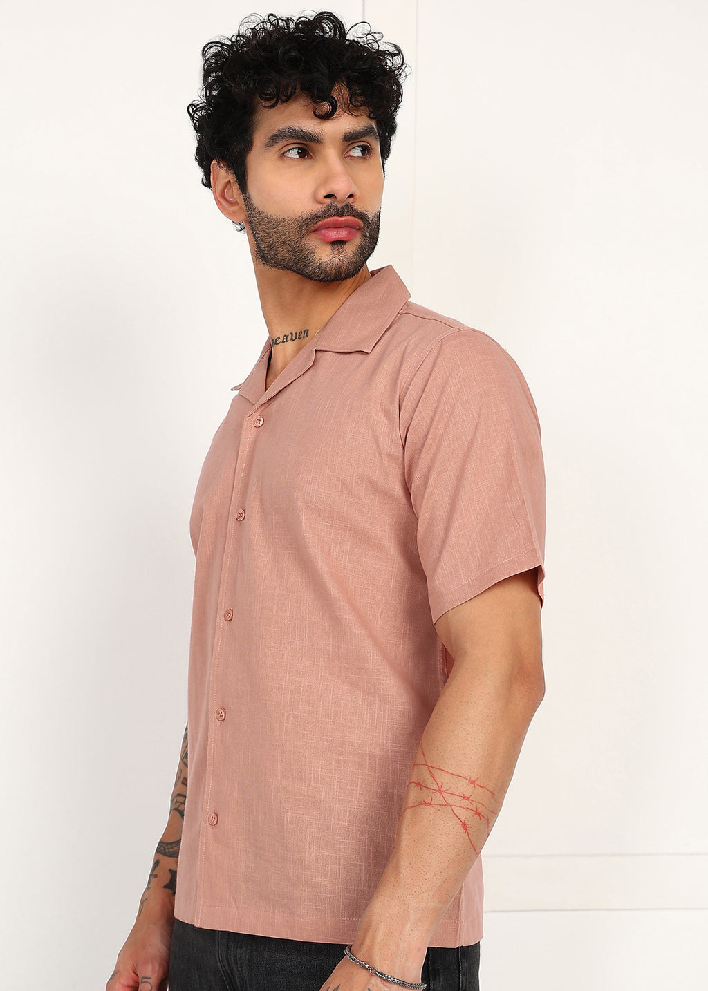 Fabmade Men’S Peach Linen Short-Sleeve Shirt | Grocsy