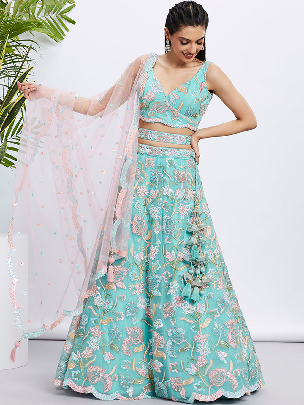 House of Panchhi Turquoise Blue Chiffon Sequins And Thread Embroidery Lehenga Choli & Printed Dupatta | Grocsy