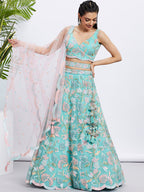House of Panchhi Turquoise Blue Chiffon Sequins And Thread Embroidery Lehenga Choli & Printed Dupatta | Grocsy