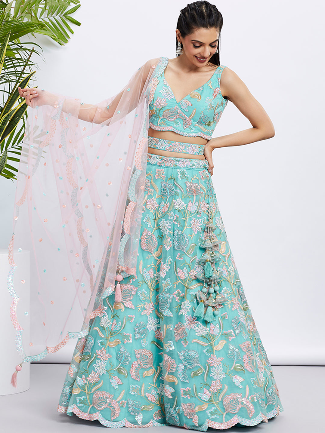 House of Panchhi Turquoise Blue Chiffon Sequins And Thread Embroidery Lehenga Choli & Printed Dupatta | Grocsy