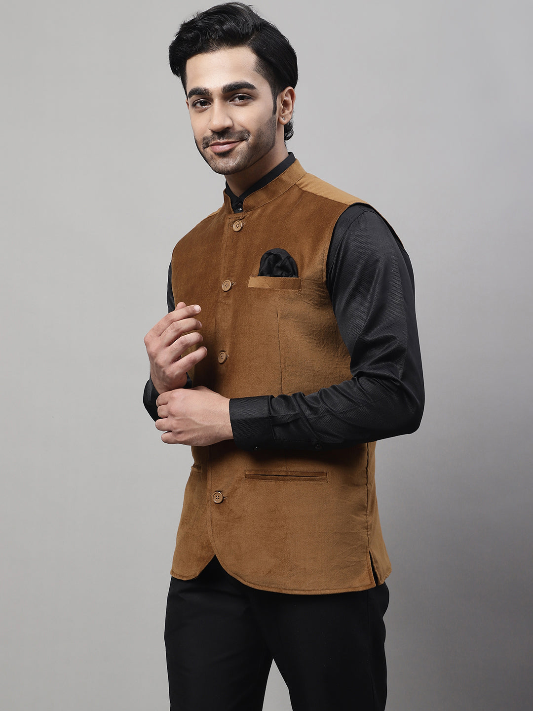 Even Apparels Men's Brown Nehru Jacket With Welt Pockets | Grocsy