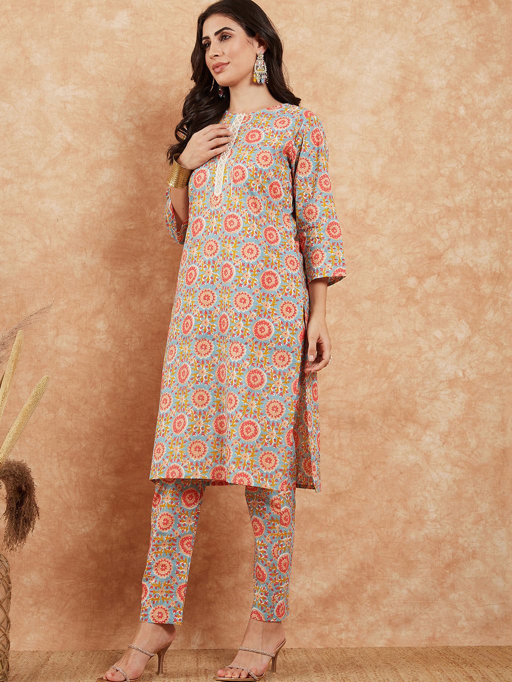 InWeave Women's Light Blue Floral Jaal Gota Work Straight Kurta Pant Set | Grocsy