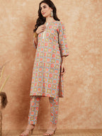 InWeave Women's Light Blue Floral Jaal Gota Work Straight Kurta Pant Set | Grocsy