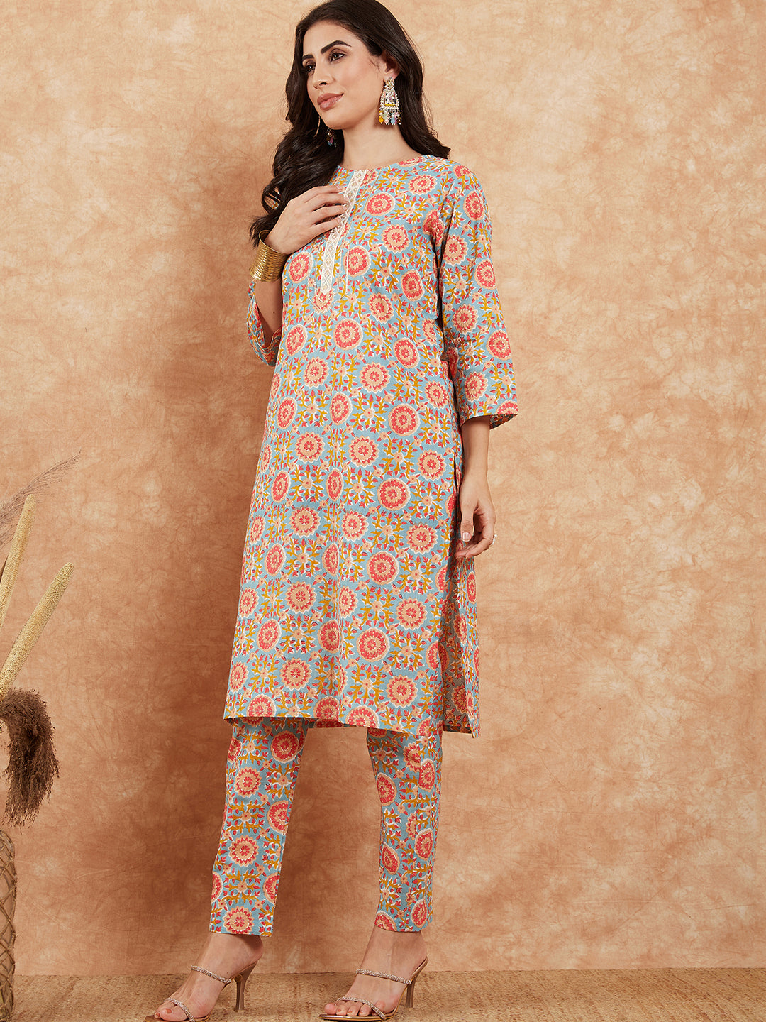 InWeave Women's Light Blue Floral Jaal Gota Work Straight Kurta Pant Set | Grocsy