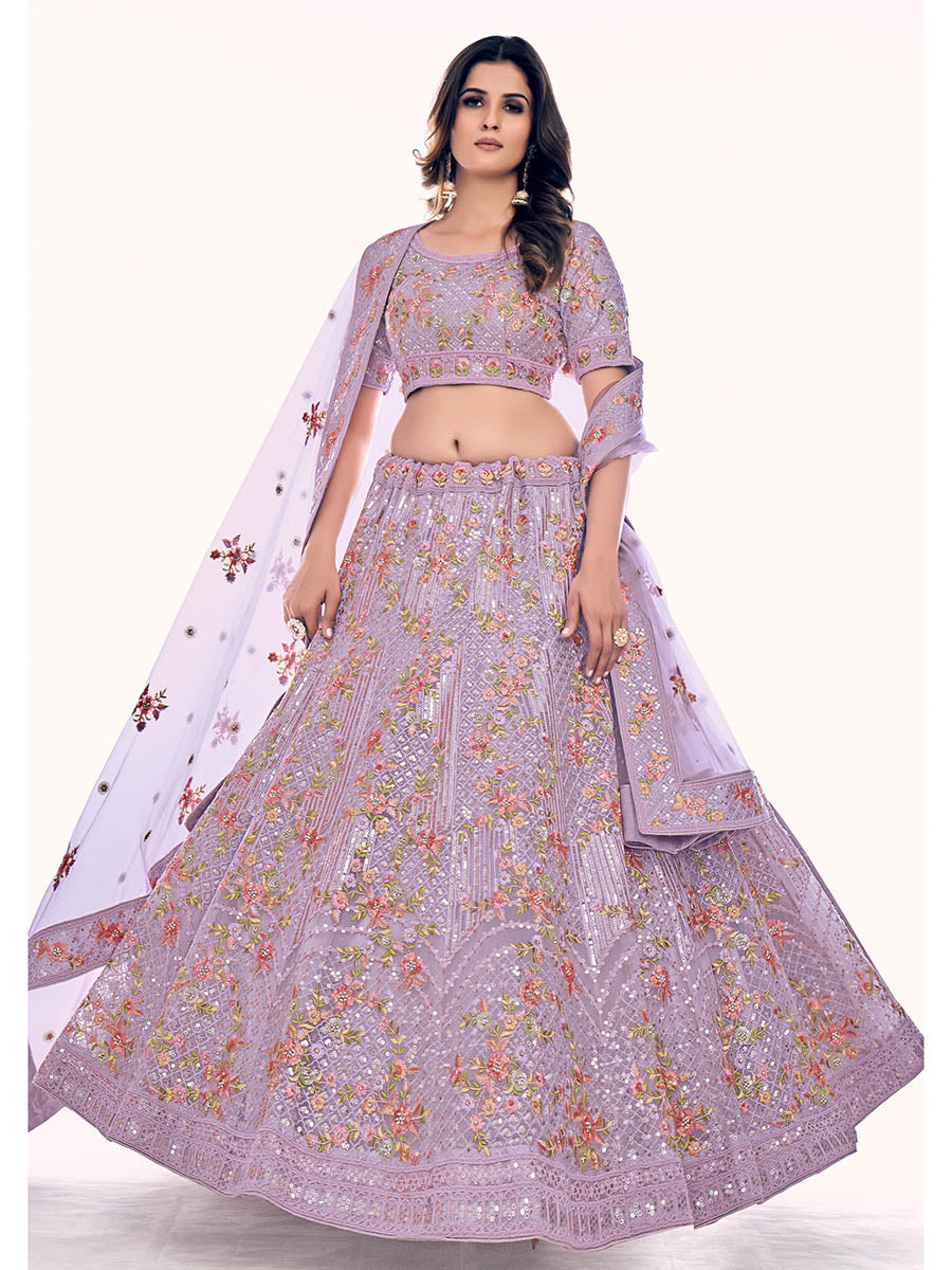 Myra Lilac Soft Net Embroidered Designer Lehenga Choli | Grocsy