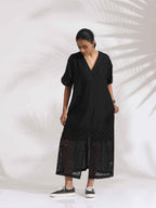trueBrowns Black Cotton Schiffli Slit Dress | Grocsy