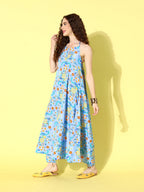 InWeave Women's Sky Blue Print Backless Long Kurta Pant Set | Grocsy