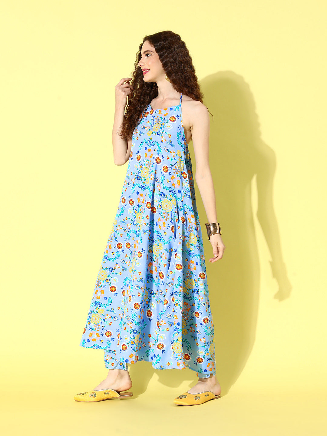 InWeave Women's Sky Blue Print Backless Long Kurta Pant Set | Grocsy
