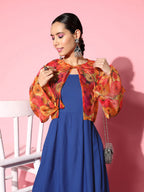InWeave Women's Ink Blue Strappy Set With Pink Mustard Print Short Organza Cape | Grocsy
