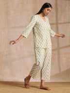 trueBrowns Green Buta On Off-White Block Print Cotton Co-Ord Set | Grocsy