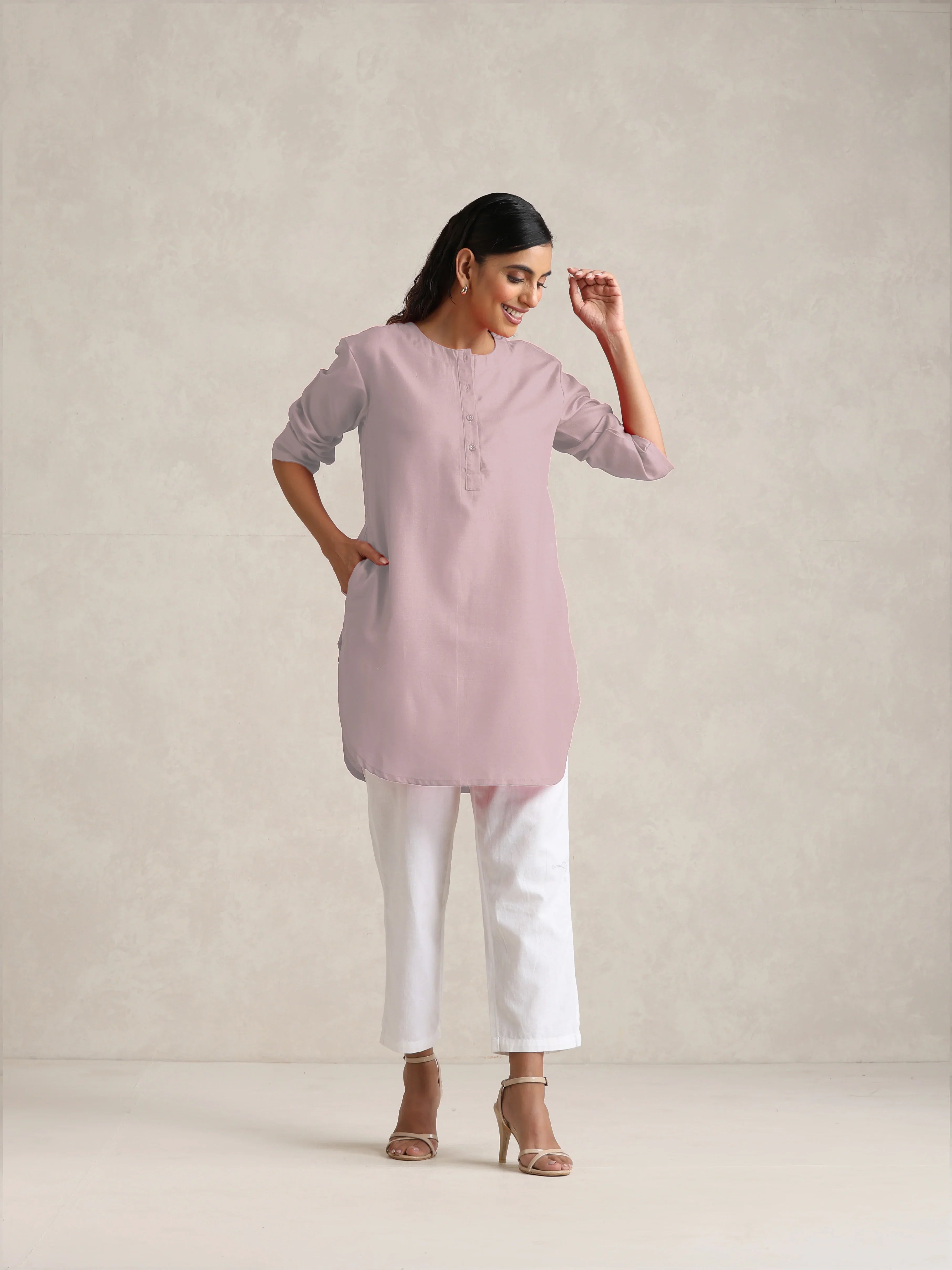 trueBrowns Pink Cotton Blend Short Kurta | Grocsy